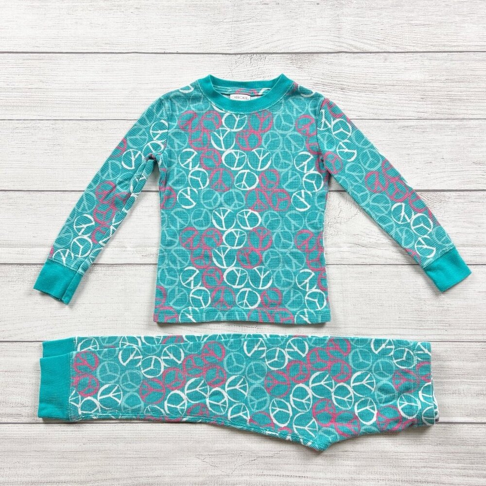 Cherokee Girls Pajamas Teal Peace Print 2pc Set Long Sleeve Waffle XS 4-5